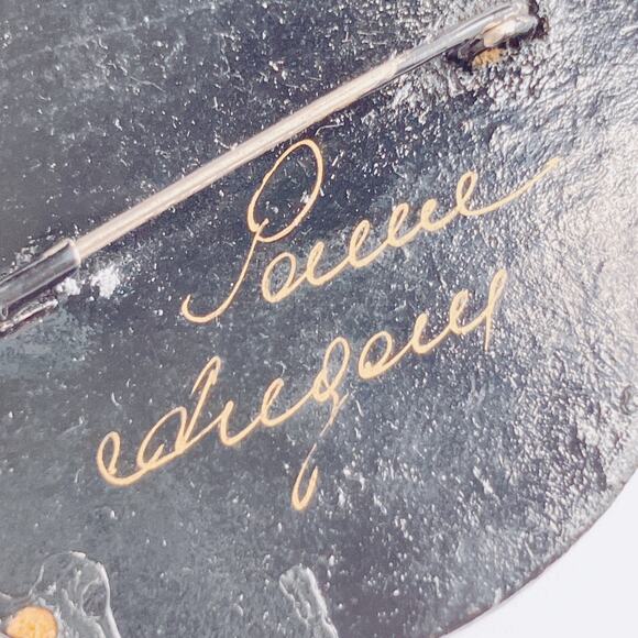 VTG Russian Hand Painted Lacquer Floral Brooch Signed Cyrillic 70s 80s Pin - Picture 8 of 11